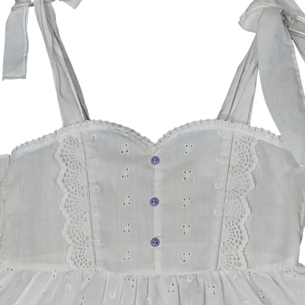 Vintage Eyelet Girls Dress Size 6 White & Purple Buttons Decor Tie at Shoulders